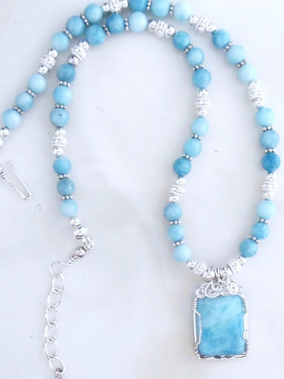 Larimar Beaded Necklace Handmade Wire Wrapped Larimar Pendant