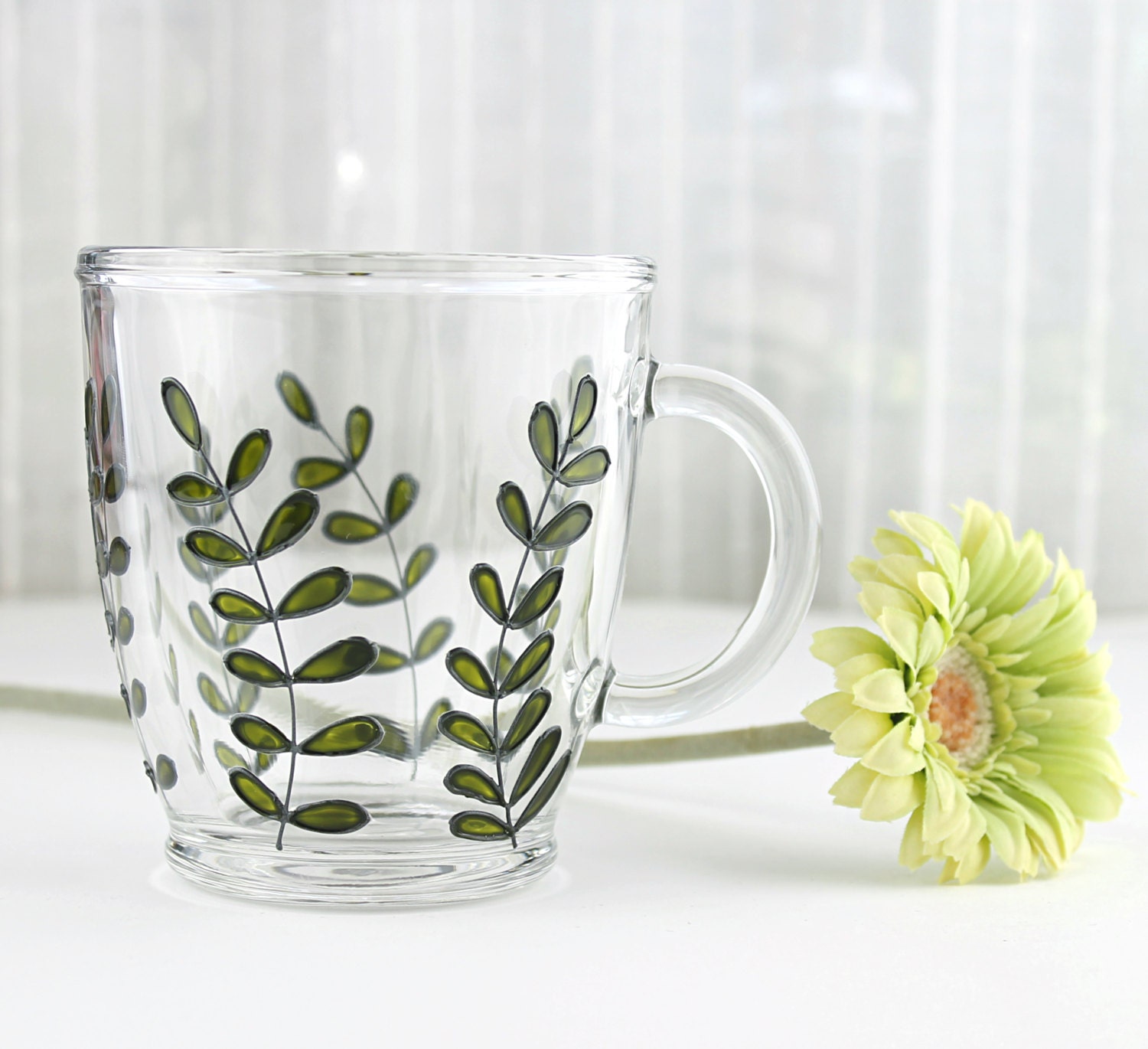 Hand Painted Glass Mug Green Foliage Mug Coffee Mug Tea