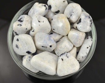 Heavenly! 1 White MOONSTONE Blue Flash Large Tumbled Stone w Black Tourmaline Sacred Feminine Goddess Energy Healing Crystal and Stone #BF01