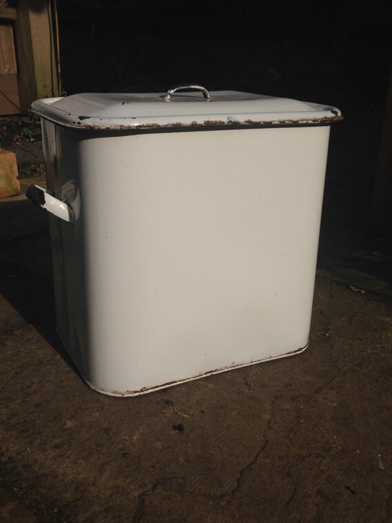 Vintage enamel bread bin white enamel container enamelware