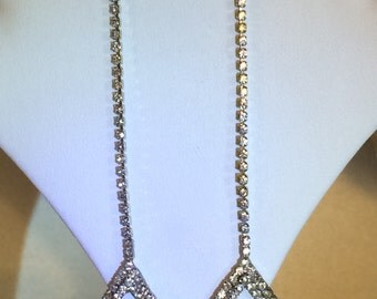 Earrings Rhinestone Pierced Prong Set Dangle Drop 4" Long Silver Tone Metal Vintage Runway Statement Art Deco Retro Wedding Formal Glam Prom