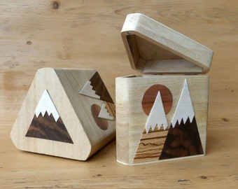 Mountain wooden box. Triangular, handmade and decorated in stunning wood veneers in snow capped mountains design. Jewellery or trinket box.