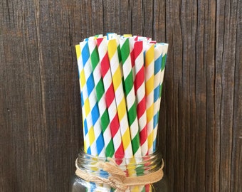 100 Red, Yellow, Green and Blue Striped Straws- Primary Colors, Lego Birthday Party Supply
