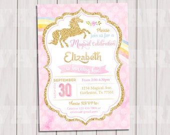 Unicorn Invitation, Pink and Gold, Rainbow Unicorn Birthday Invite, Sprinkle Invite, Gold Glitter first birthday, Baby girl Printable