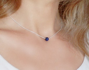 Lapis Lazuli Necklace. Tiny Silver Plated Chain. Minimalist Bead Necklace. Simple Jewelry. Delicate Necklace. Dainty Necklace.