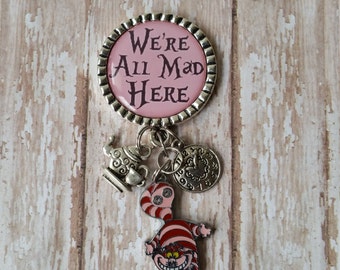 Retractable Badge Holder - We're All Mad Here - Cheshire Cat, Teapot and Clock Charms (see pics) - Low Flat Rate Shipping in US!