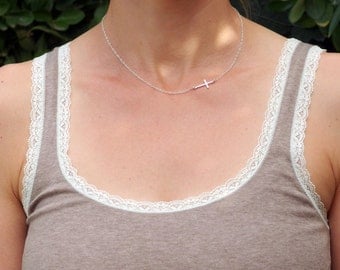 Sideways Silver Cross Necklace Sideways cross necklace Slim Cross Necklace Layering Necklace Dainty necklace Minimalist cross jewelry
