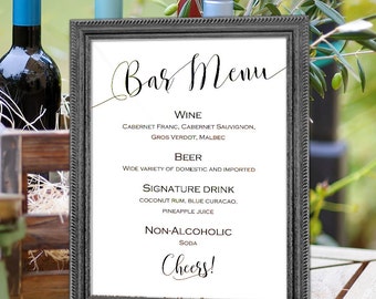 Wedding bar menu sign, Printable, bar menu, template, instant download, sign for wedding, S2