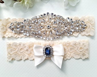 Wedding Garter Set, Bridal Garter Set, Crystal Garter Set, Vintage Lace Garter - Style L300