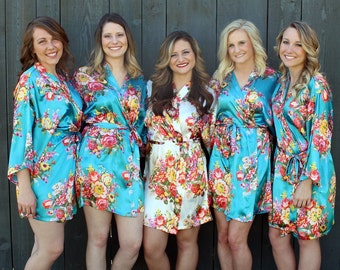 Floral Robe Set of 7- No Peacocks - Cheap - Bridesmaid Robes - Set of SEVEN- Gift Set - Satin Short Robe - Bridesmaid Robe set of 7