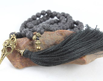 Raven Skull Mala Necklace, Skull Necklace, Mala Beads, Black Mala, Tassel Necklace, Skull Bracelet, Wiccan Jewelry, Skull Mirror Charm