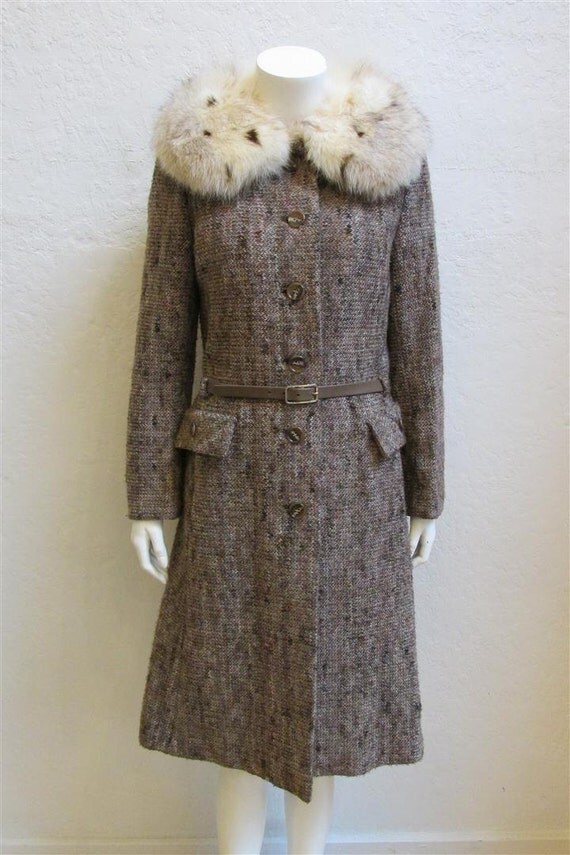 1960's Long Tweed Belted Coat With Ivory Speckled Fox Fur