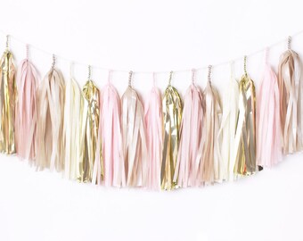 DIY Tassel Garland Kit - Blush Pink & Gold - Champagne, Ivory, Nude, Rose Pink, Wedding Shower Tissue Paper Tassle Decor Balloon Tails