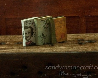 Set of three miniature books, E. A. Poe. The collected Tales, Raven, Great Tales and Poems. 1 inch scale dollhouse miniatures, library desk