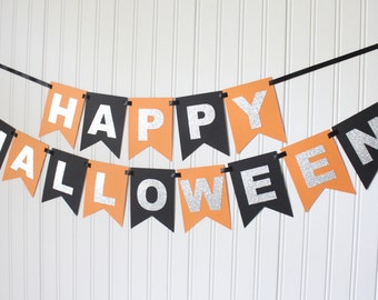 Silver, Orange, Black Happy Halloween Banner/Halloween Decorations/Spooky Banner/Trick or treat /Party Decoration/ Personalized Name/ Custom