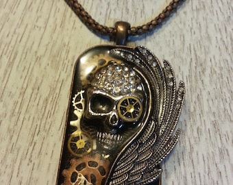 Black Wing Steampunk Skull Necklace, Steampunk necklace, Wing necklace,Gothic necklace