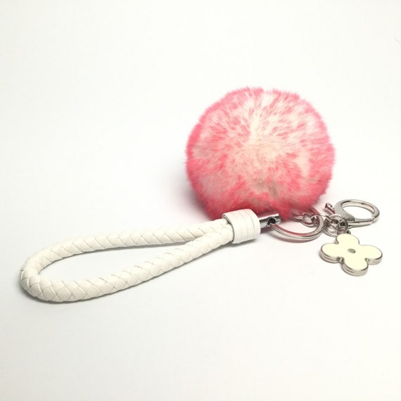 red fur pom pom keyring keychain puff pom fur key charm pom chain rabbit Car ball bag