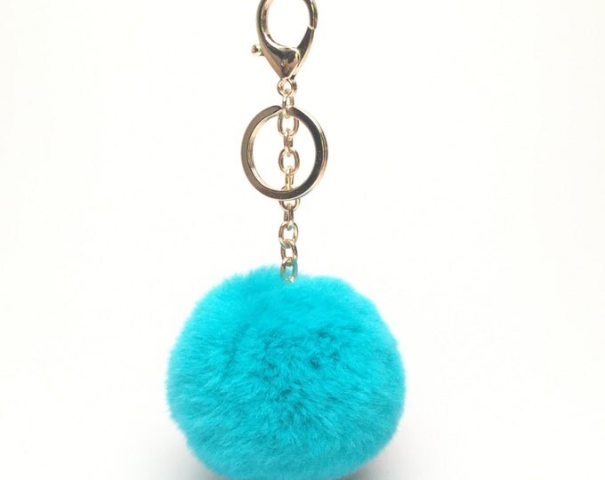 Aqua Blue Fur pom pom keychain fur puff ball bag pendant charm