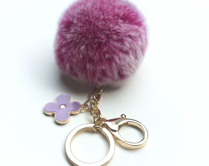 New! Summer Collection Hot Pink Frost fur pom pom keychain bag charm flower clover keyring