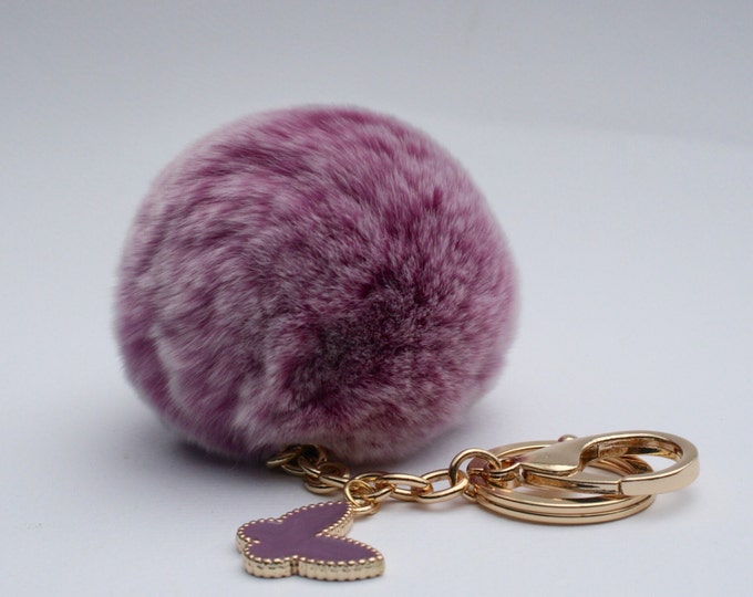 Butterfly Collection Light Purple Frost fur pom pom keychain REX Rabbit fur pom pom ball with butterfly charm