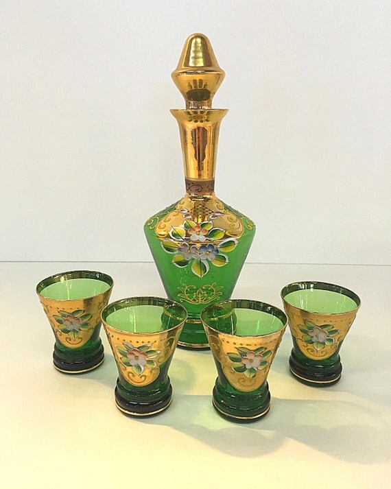 Green Glass Decanter Four Cups Cordial Liqueur Set Made in