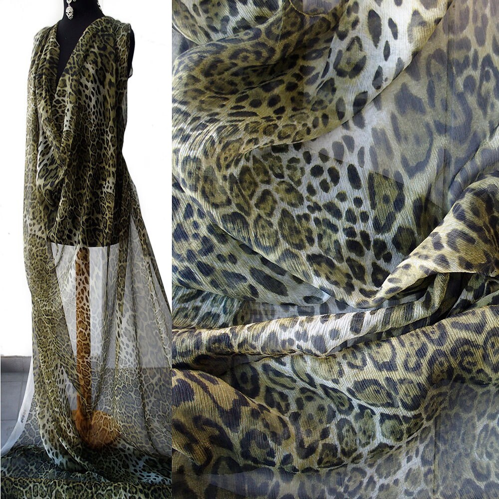 silk chiffon fabric animal print leopard design olive green
