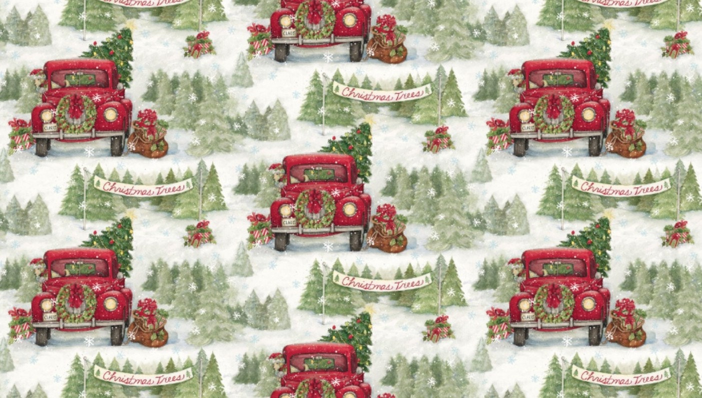 Christmas Tree Farm Fabric Vintage Red by TheCalicoCatFabrics