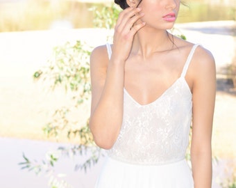 Hazel- Romantic wedding dress with lace top and chiffon skirt, boho wedding dress, backless wedding dress, beach wedding dress