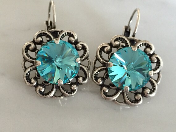 Light Turquoise Crystal Earrings, Swarovski Light Turquoise Earrings, Swarovski Blue Earrings