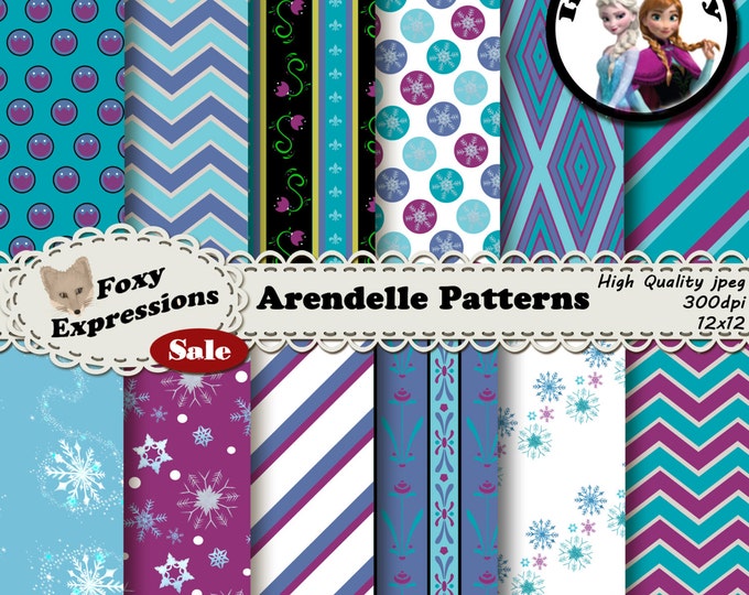 Arendelle Patterns inspired by Frozen comes with Anna and Elsa dress patterns, snow flurries, snowflake polka dots, etc. In blue and purple.