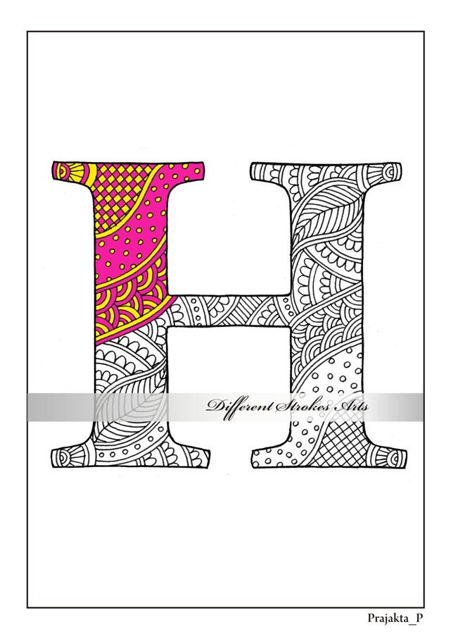 Download Zentangle alphabet coloring pages for adults letter H henna