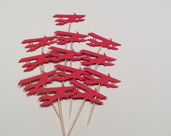 Red Vintage style Airplane cupcake toppers. Airplane Party picks, Party decor, baby shower, happy birthday, Baby shower, 12 per order.