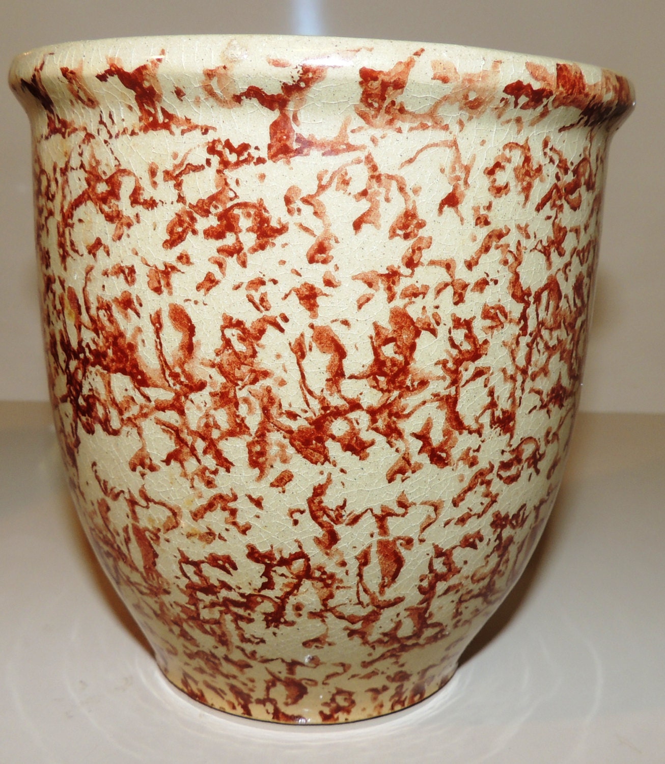 Roseville Ohio Red Spongeware Pottery Splatter Planter vase