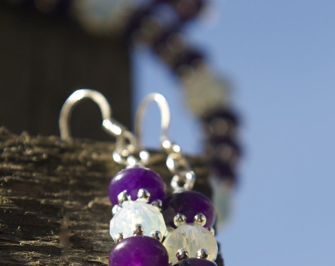 Purple agate and moonstone jewellery set, purple agate moonstone and silver necklace, agate moonstone earrings, moonstone bracelet