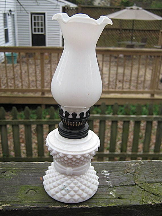 Milk Glass Oil Lamp Diamond Hobnail Design Small Oil Lamp