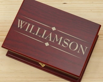 Engraved Rosewood Tea Box, Engraved Tea Box, Family Name Tea Box