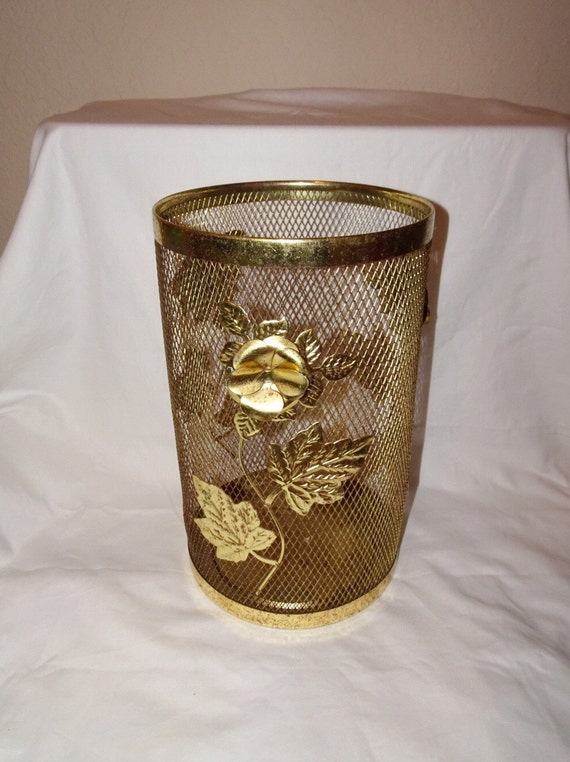 Vintage Brass Filigree Gold Flower Waste Basket by VintageVarage
