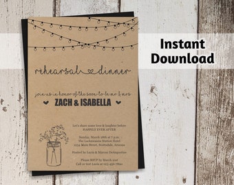 Printable Rehearsal Dinner Invitation Template - Luncheon - Rustic Mason Jar - Kraft Paper - DIY 4x6 5x7 PDF Instant Download Digital File