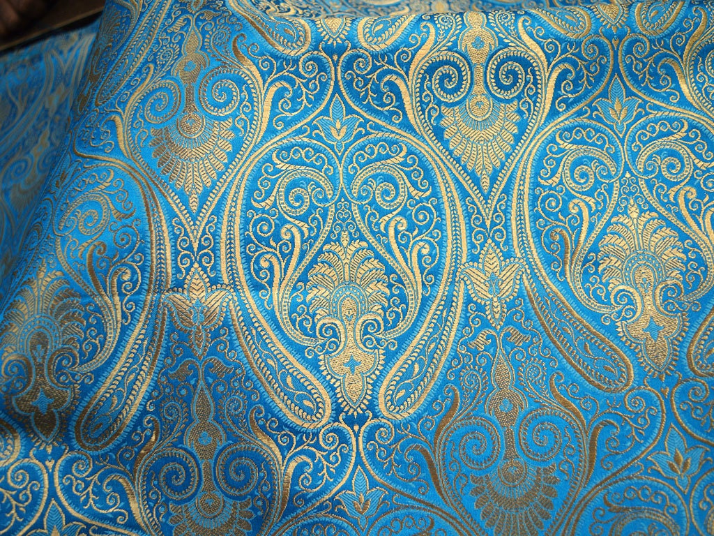 Turquoise Blue Brocade Fabric by the Yard Wedding Dress