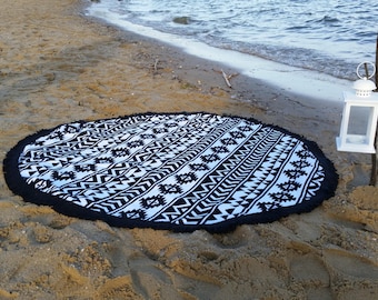 Round Beach Towel, AZTEC Black Tassels 150 cm Diameter, Roundie, Beach Towel, Bikini, Beach Dress, Mandala, Serviette Ronde, Peshtemal