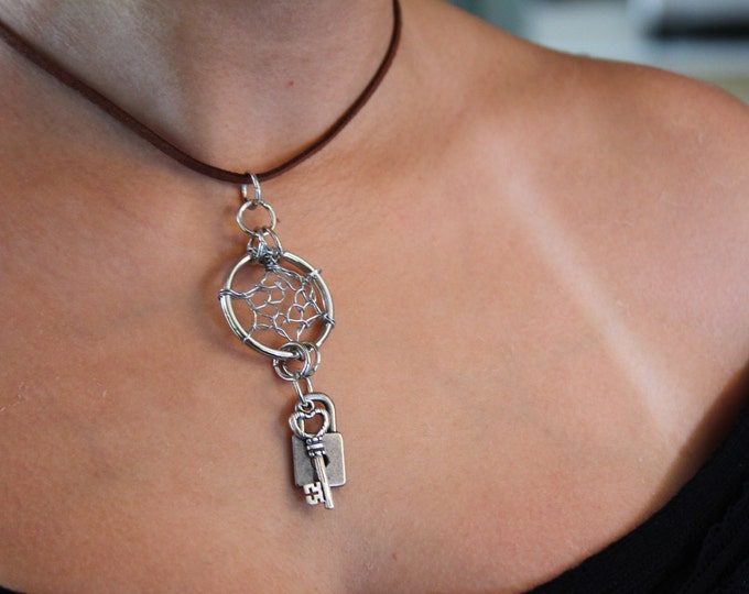 Dream catcher lock and key leather necklace
