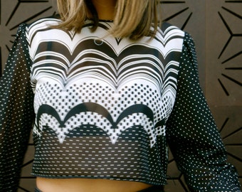 reworked black and white cropped long sleeve top
