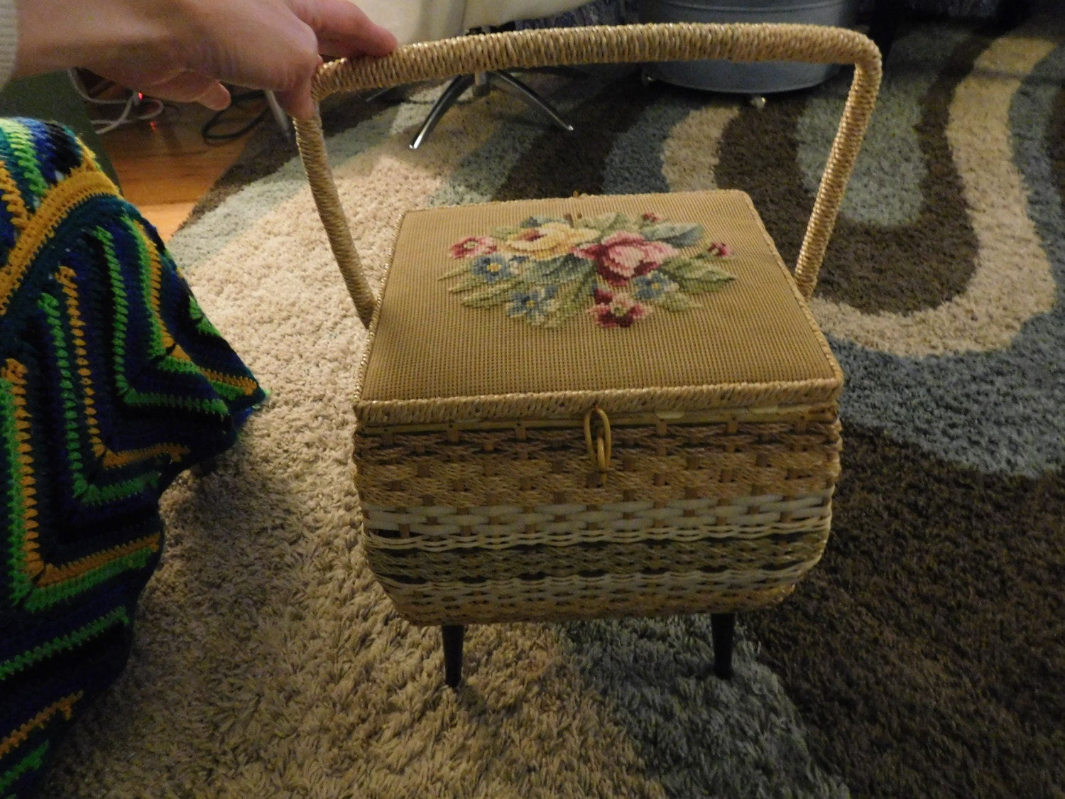 Vintage Wicker and Rattan Sewing Basket on Legs with