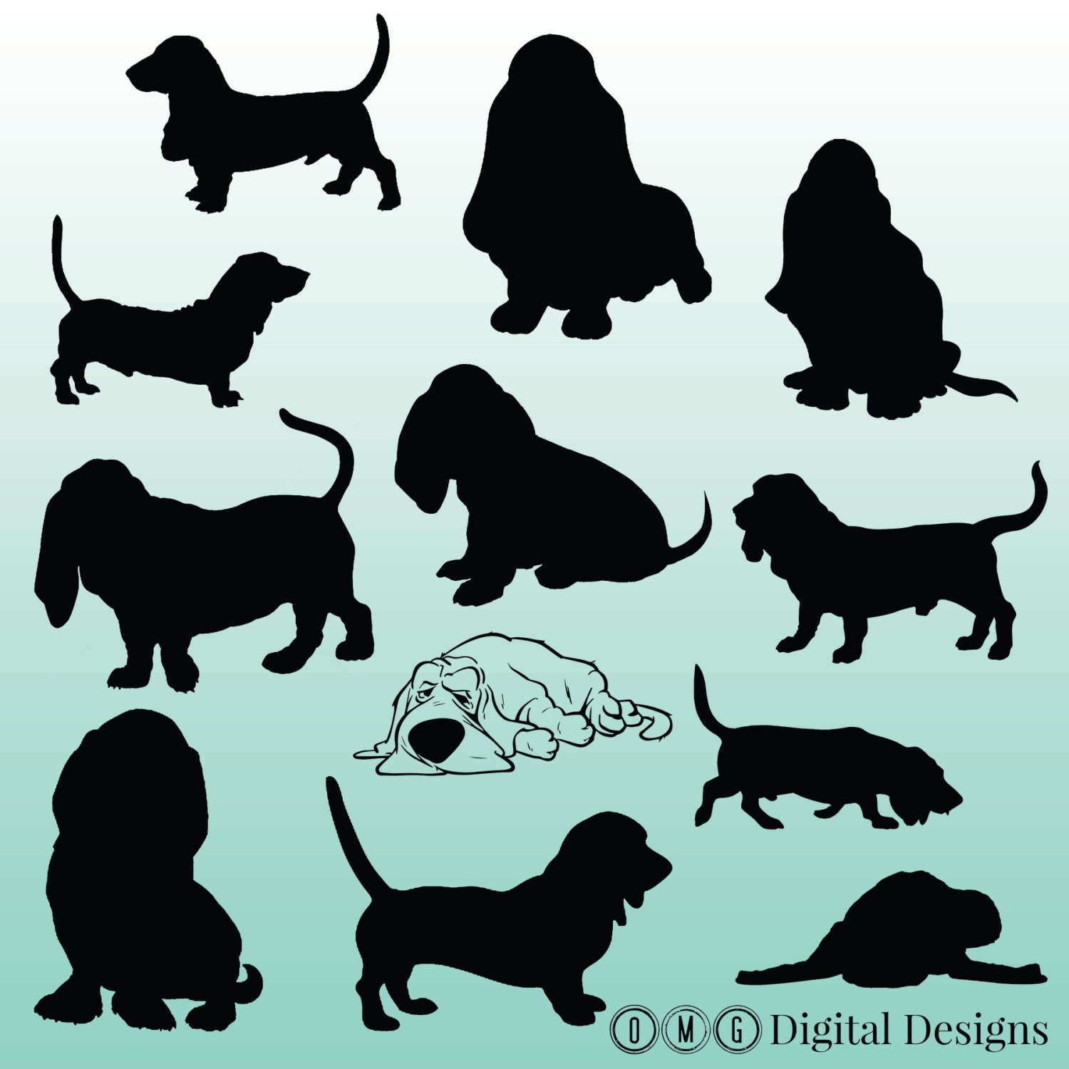 12 Basset Hound Silhouette Images Digital Clipart Images