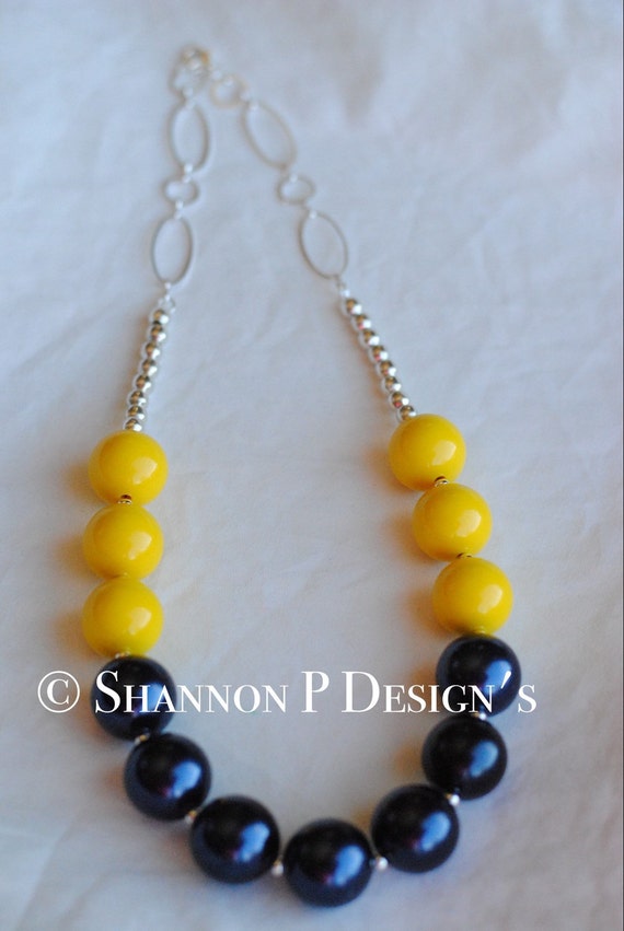 Items similar to Mustard Yellow and Navy Blue Chunky beaded necklace