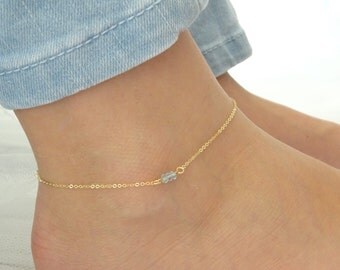 Aquamarine anklet, March Birthstone, Genuine Aqua Gold fill anklet, Aquamarine jewelry Dainty Rose gold anklet