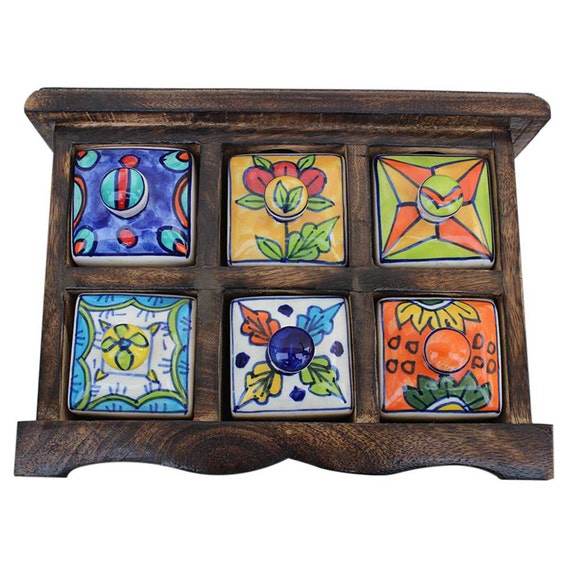 IndianShelf Ceramic Wooden Spice Box Handmade by on Etsy