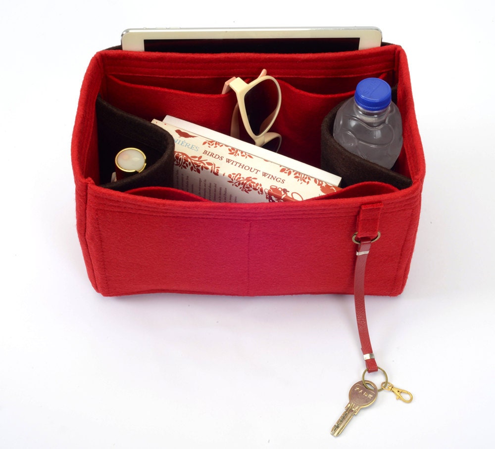 Purse Organizer Insert with Leather Keyfob in Dual Red / Dark