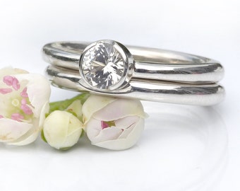 White Sapphire Engagement Ring Set in Sterling Silver - Handmade to Size