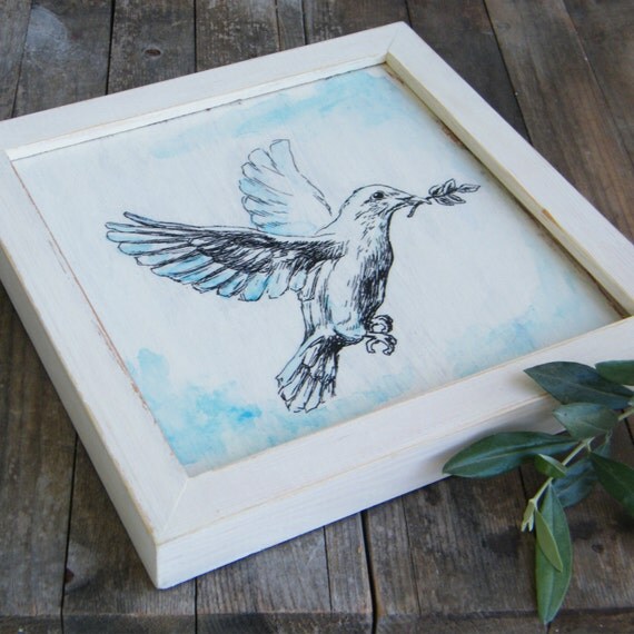 Framed picture White dove sketch Print on wood Biblical